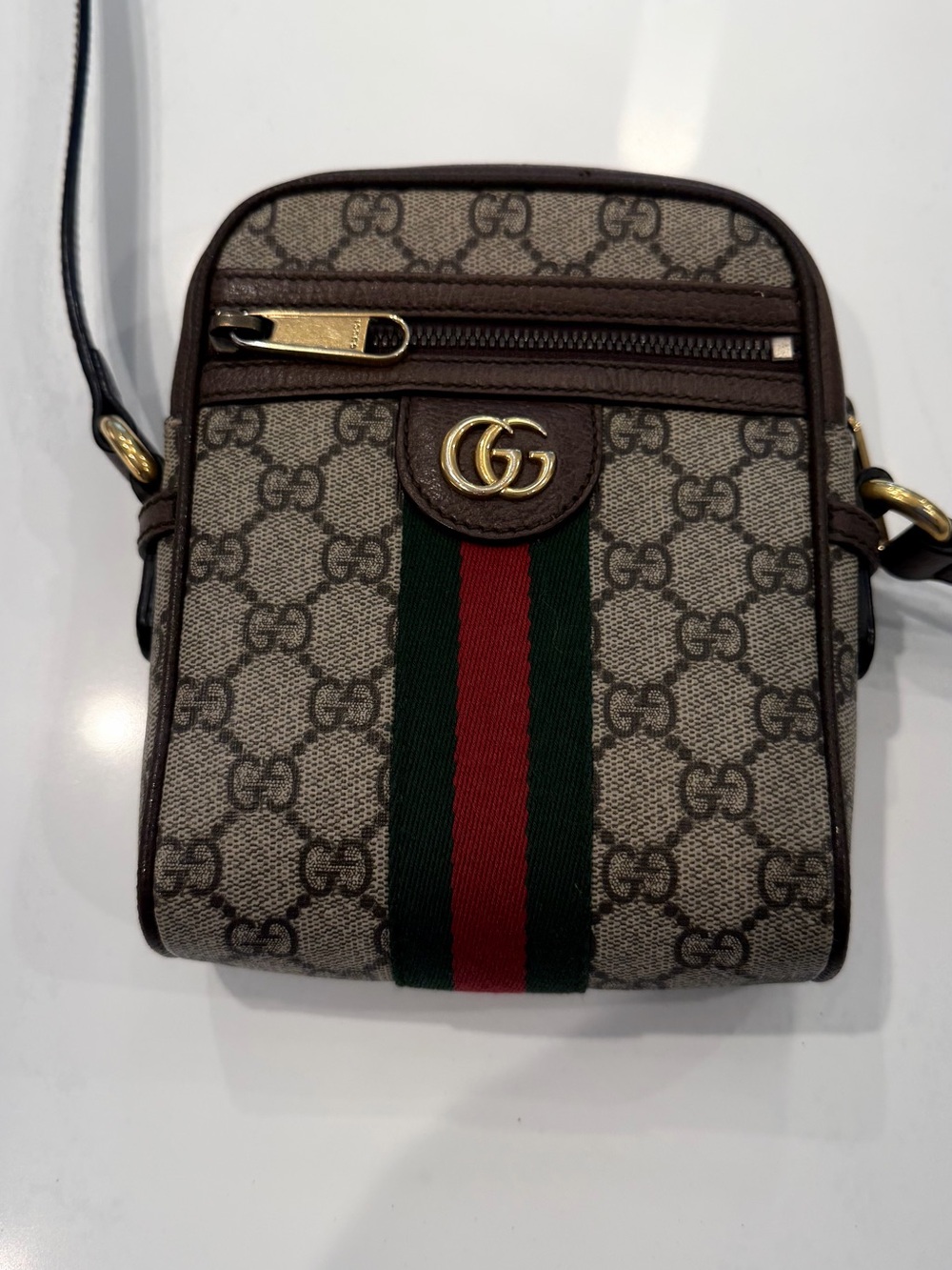 Gucci Beige/Brown GG Supreme Crossbody with Green-Red Web